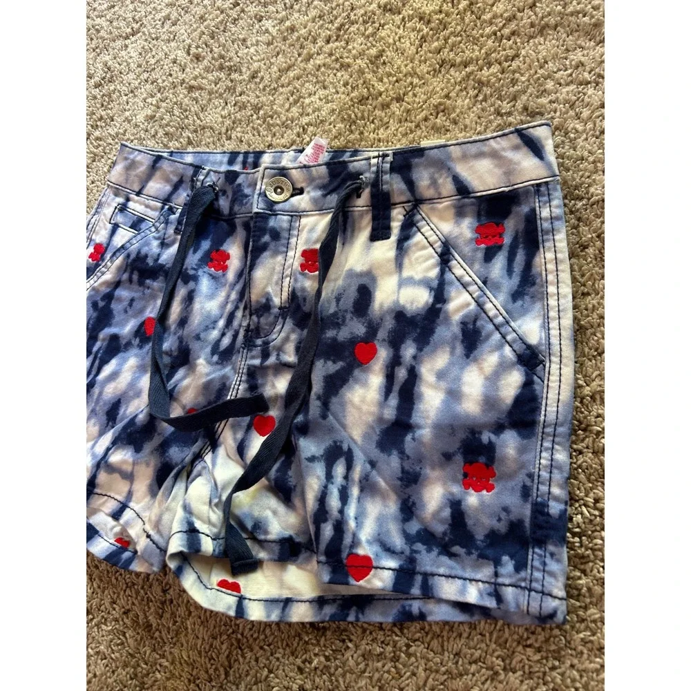 NWT Justice Girls Blue Tie Dye Heart Skull Embroidered Shorts Size 14 Y2K Grunge